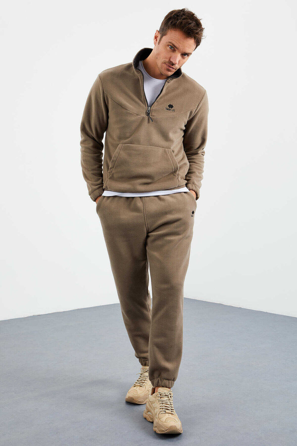 Tommylife Toptan Standart Kalıp Yarım Fermuar Polar Erkek Eşofman Takımı 85159 Camel