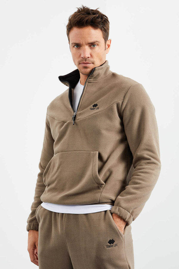 Tommylife Toptan Standart Kalıp Yarım Fermuar Polar Erkek Eşofman Takımı 85159 Camel
