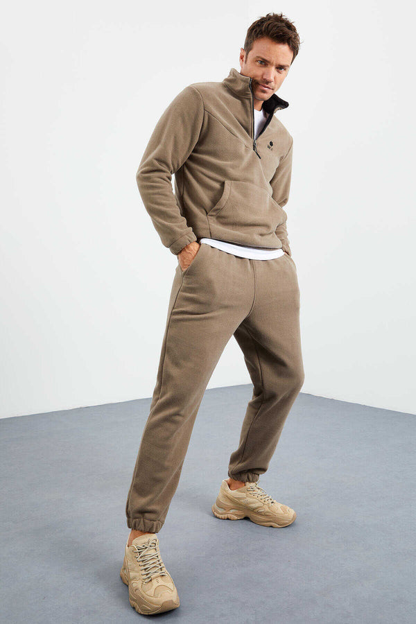 Tommylife Toptan Standart Kalıp Yarım Fermuar Polar Erkek Eşofman Takımı 85159 Camel