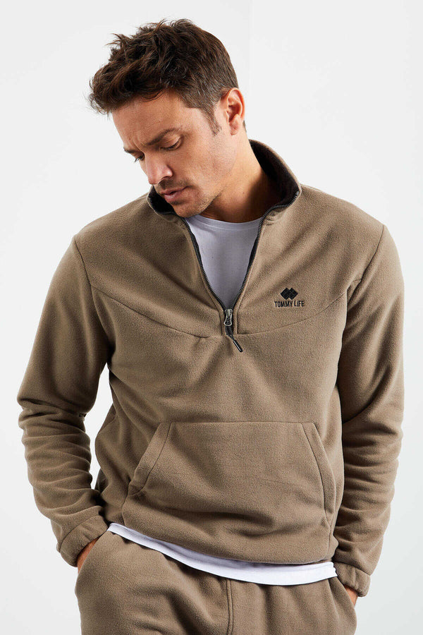 Tommylife Toptan Standart Kalıp Yarım Fermuar Polar Erkek Eşofman Takımı 85159 Camel