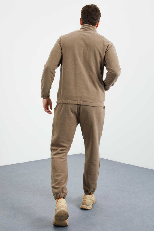 Tommylife Toptan Standart Kalıp Yarım Fermuar Polar Erkek Eşofman Takımı 85159 Camel