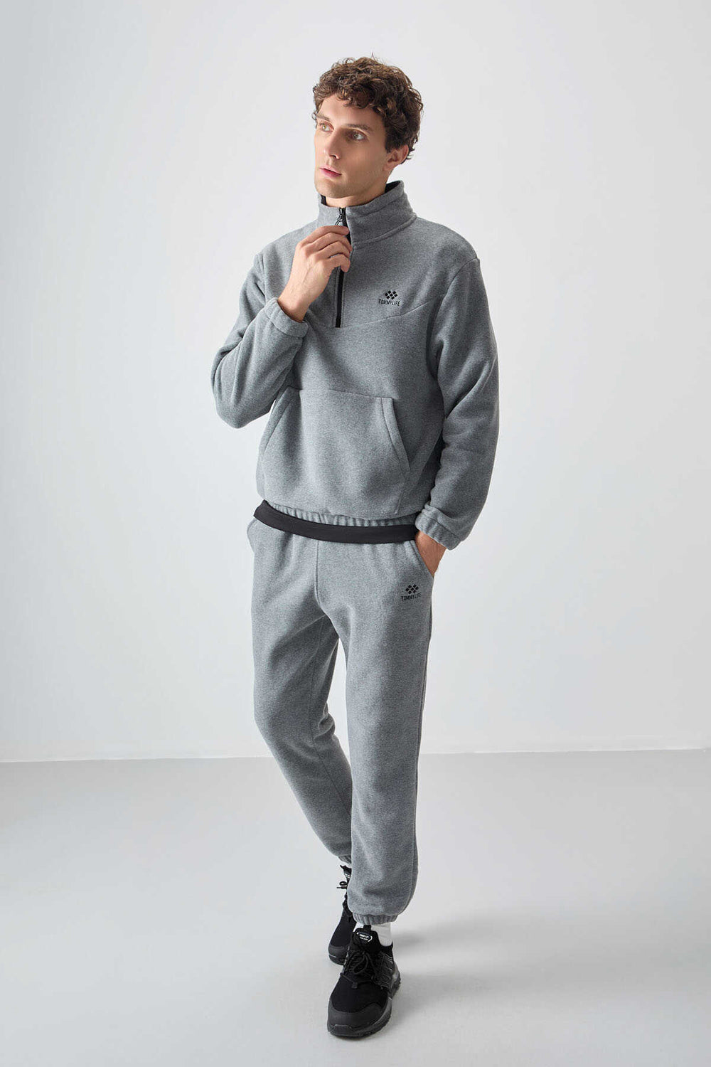 Tommylife Toptan Standart Kalıp Yarım Fermuar Polar Erkek Eşofman Takımı 85159 Gri Melanj