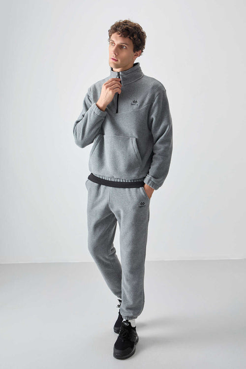 Set trening pentru bărbați din fleece cu fermoar pe jumătate, croială standard, Tommylife Wholesale, 85159, gri melanj