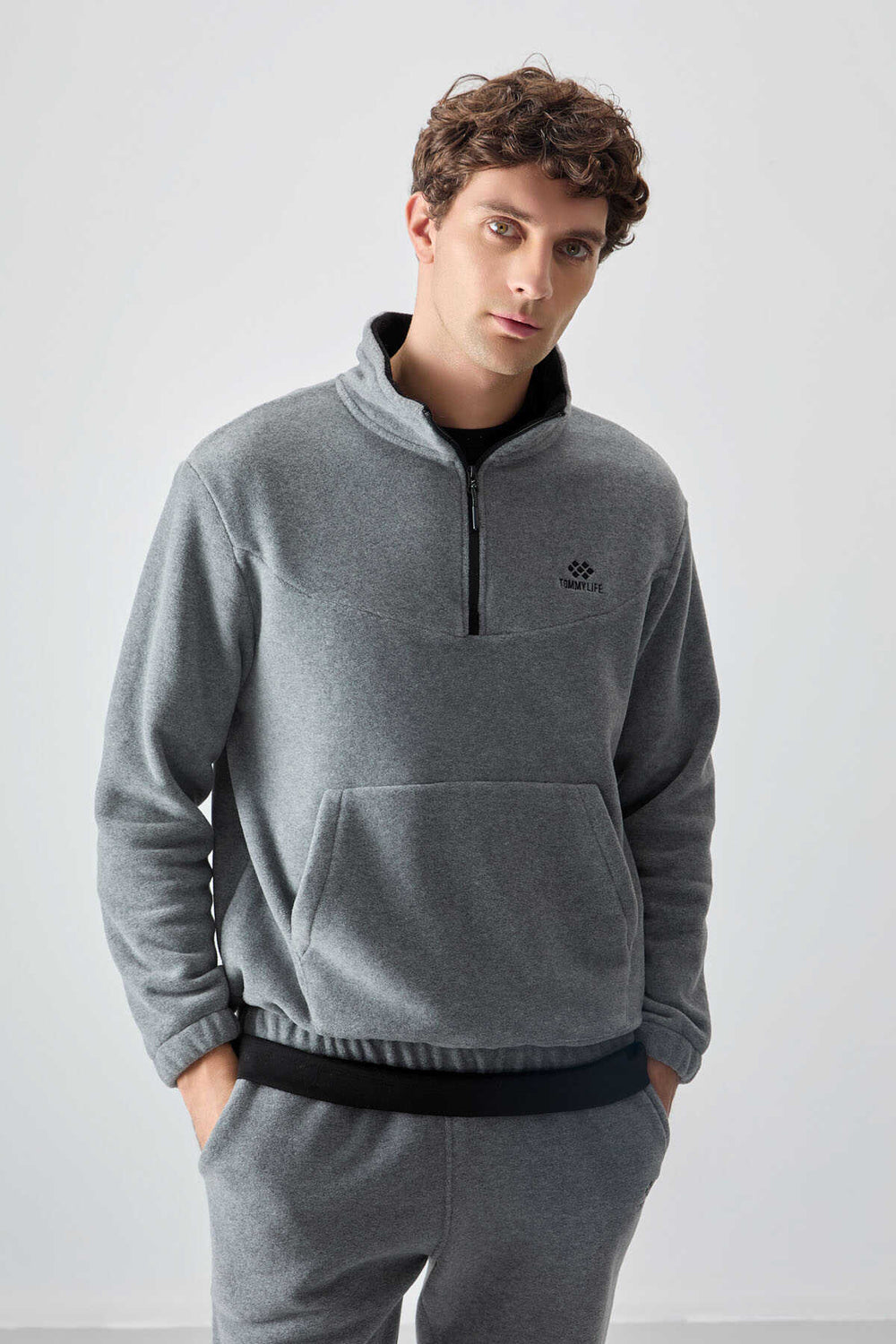 Tommylife Toptan Standart Kalıp Yarım Fermuar Polar Erkek Eşofman Takımı 85159 Gri Melanj