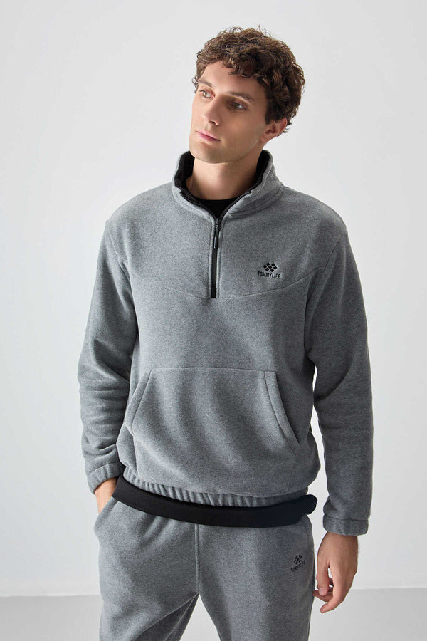 Tommylife Toptan Standart Kalıp Yarım Fermuar Polar Erkek Eşofman Takımı 85159 Gri Melanj