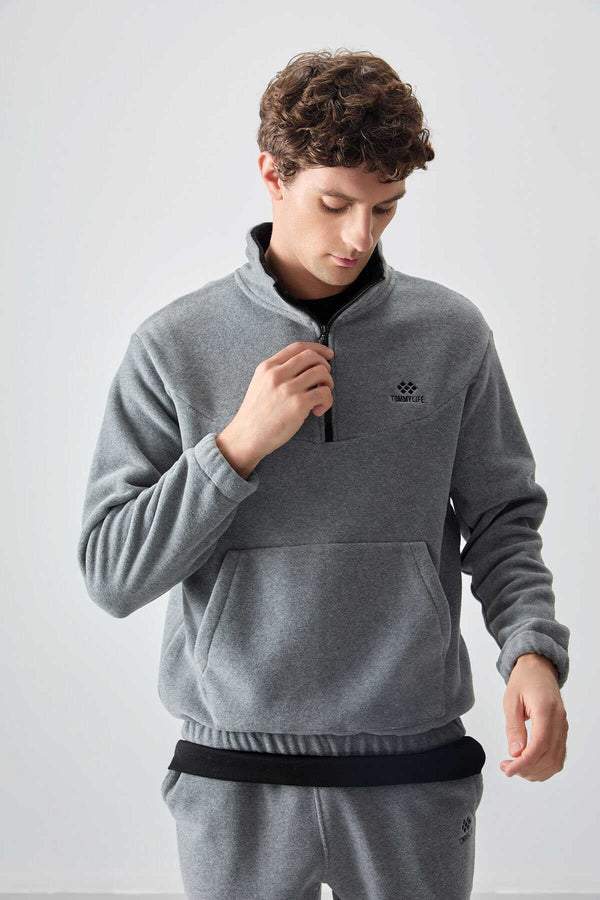 Tommylife Toptan Standart Kalıp Yarım Fermuar Polar Erkek Eşofman Takımı 85159 Gri Melanj