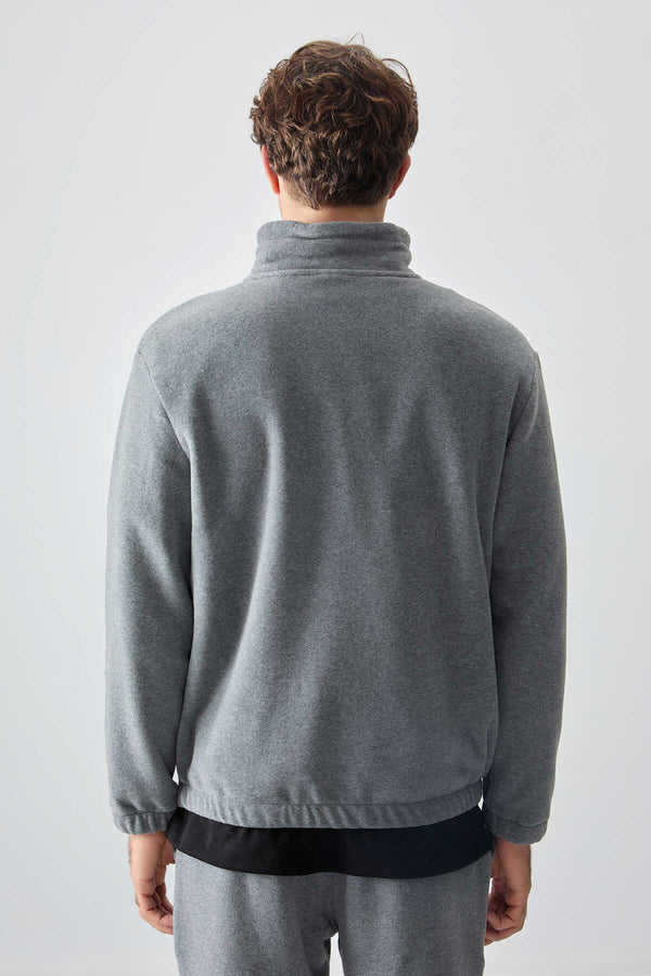 Tommylife Toptan Standart Kalıp Yarım Fermuar Polar Erkek Eşofman Takımı 85159 Gri Melanj