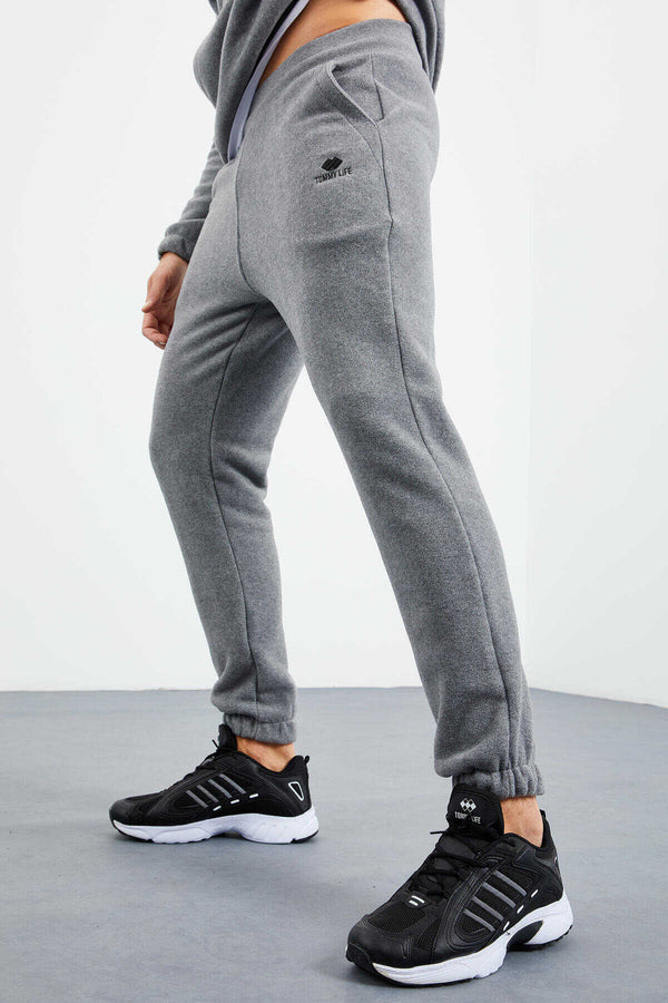 Tommylife Toptan Standart Kalıp Yarım Fermuar Polar Erkek Eşofman Takımı 85159 Gri Melanj