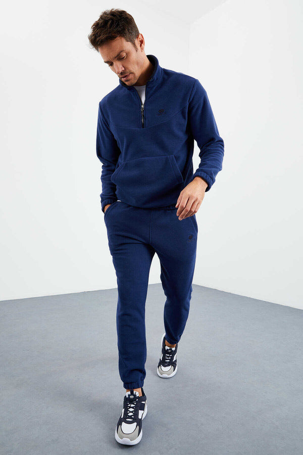 Tommylife Toptan Standart Kalıp Yarım Fermuar Polar Erkek Eşofman Takımı 85159 İndigo