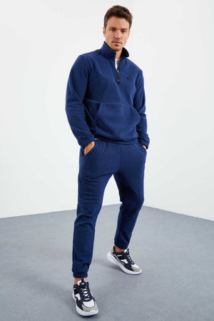 Tommylife Toptan Standart Kalıp Yarım Fermuar Polar Erkek Eşofman Takımı 85159 İndigo