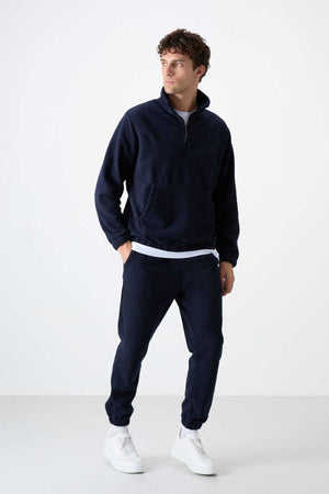 Set trening pentru bărbați Tommylife Wholesale, croială standard, cu fermoar pe jumătate, din fleece, 85159, bleumarin