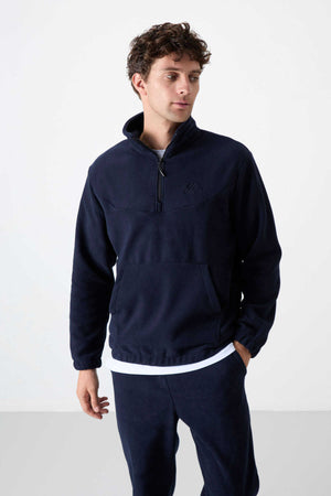 Tommylife Toptan Standart Kalıp Yarım Fermuar Polar Erkek Eşofman Takımı 85159 Lacivert