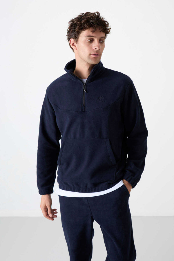 Tommylife Toptan Standart Kalıp Yarım Fermuar Polar Erkek Eşofman Takımı 85159 Lacivert