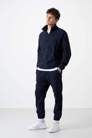 Tommylife Toptan Standart Kalıp Yarım Fermuar Polar Erkek Eşofman Takımı 85159 Lacivert