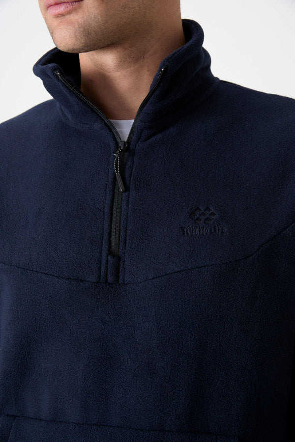 Tommylife Toptan Standart Kalıp Yarım Fermuar Polar Erkek Eşofman Takımı 85159 Lacivert