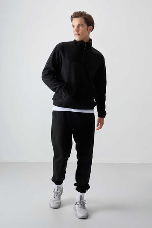 Tommylife Toptan Standart Kalıp Yarım Fermuar Polar Erkek Eşofman Takımı 85159 Siyah