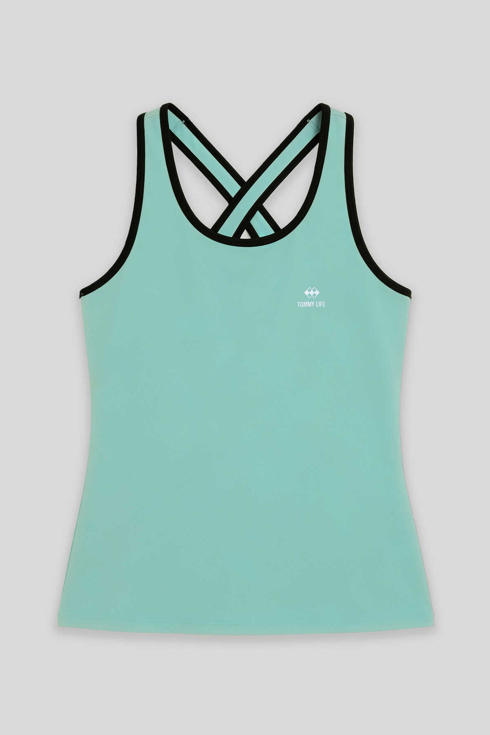 Tommylife Toptan Su Yeşili Kadın Çapraz Askılı Kolsuz Standart Kalıp Spor Atlet - 97094
