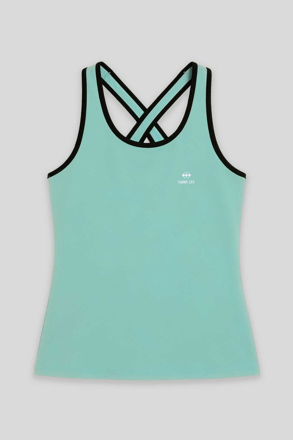 Tommylife Toptan Su Yeşili Kadın Çapraz Askılı Kolsuz Standart Kalıp Spor Atlet - 97094