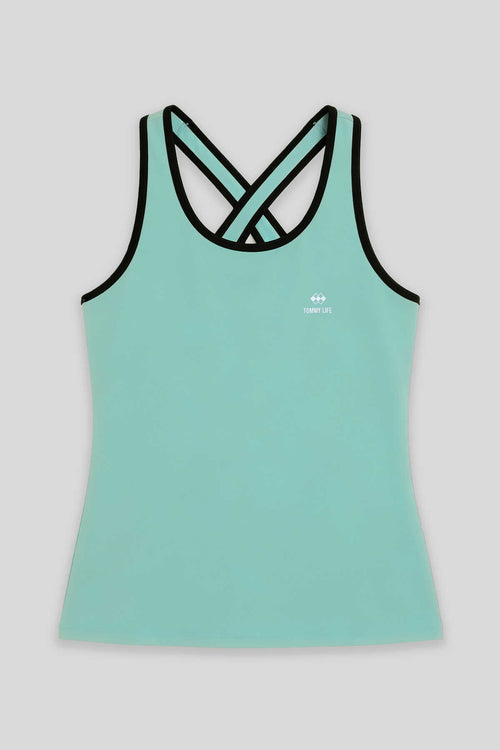 Tommylife Toptan Su Yeşili Kadın Çapraz Askılı Kolsuz Standart Kalıp Spor Atlet - 97094