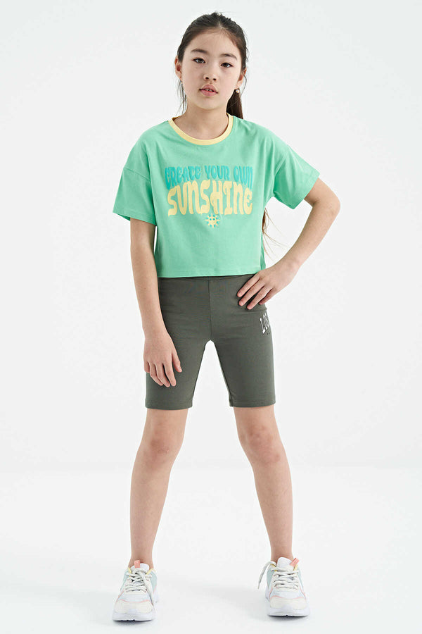Tommylife Toptan Su Yeşili Renkli Yazı Baskılı O Yaka Oversize  Kısa Kollu Kız Çocuk T-Shirt - 75111