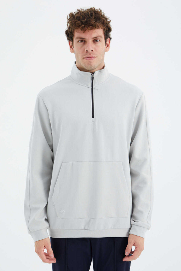 Tommylife Toptan Taş Dik Yaka Yarım Fermuarlı Cep Detaylı Erkek Sweatshirt - 88278