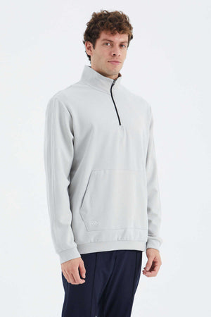 Tommylife Toptan Taş Dik Yaka Yarım Fermuarlı Cep Detaylı Erkek Sweatshirt - 88278