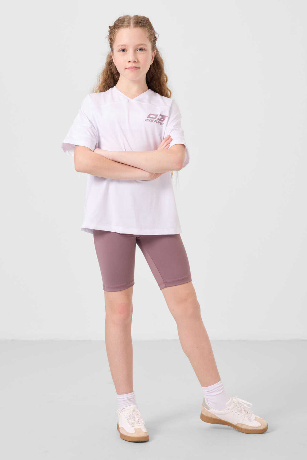 Tommylife Toptan V Yaka Kemer Detaylı Standart Fit Performans Kız Çocuk Tayt Takım 75187 Beyaz Gül kurusu
