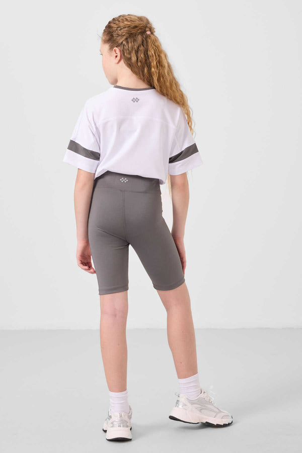 Tommylife Toptan V Yaka Kemer Detaylı Standart Fit Performans Kız Çocuk Tayt Takım 75187 Beyaz Koyu Gri