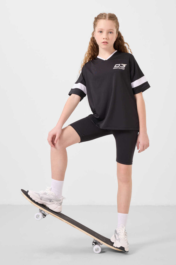 Tommylife Toptan V Yaka Kemer Detaylı Standart Fit Performans Kız Çocuk Tayt Takım 75187 Siyah