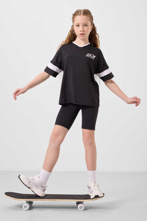 Tommylife Toptan V Yaka Kemer Detaylı Standart Fit Performans Kız Çocuk Tayt Takım 75187 Siyah