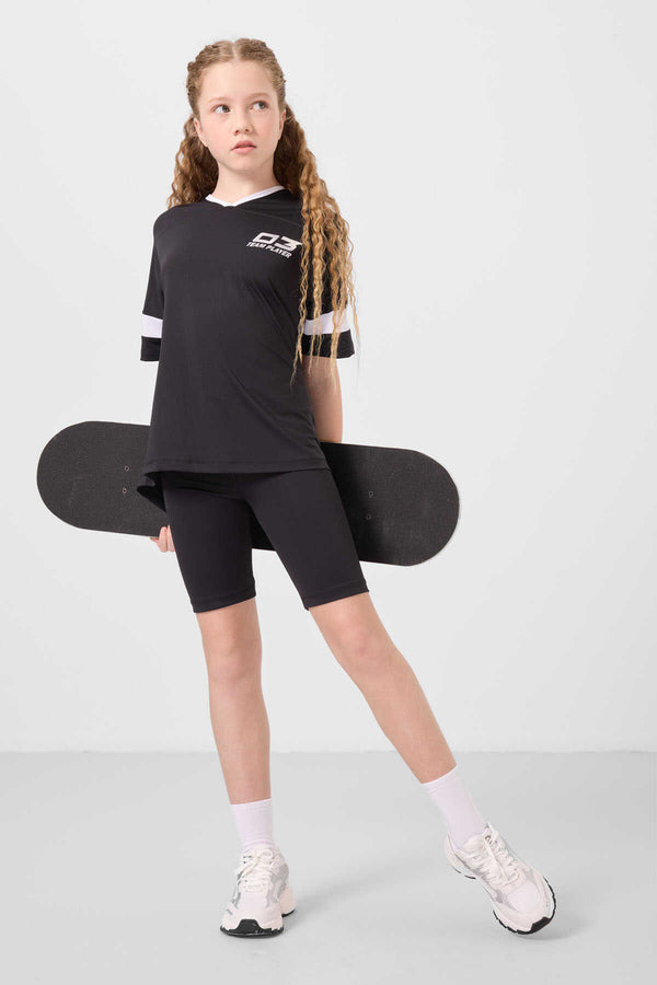Tommylife Toptan V Yaka Kemer Detaylı Standart Fit Performans Kız Çocuk Tayt Takım 75187 Siyah