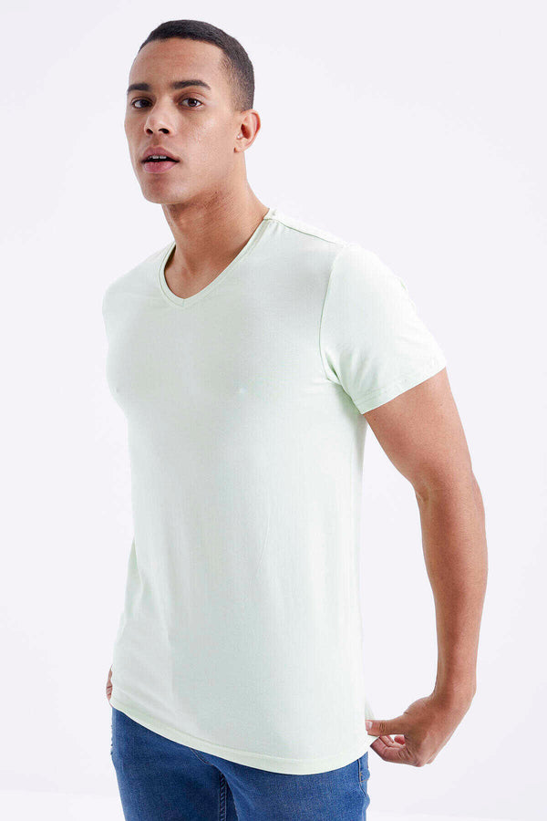 Tommylife Toptan V Yaka Standart Kalıp Basic Erkek T-Shirt 87912 Açık Yeşil