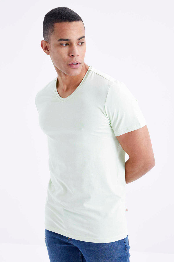 Tommylife Toptan V Yaka Standart Kalıp Basic Erkek T-Shirt 87912 Açık Yeşil
