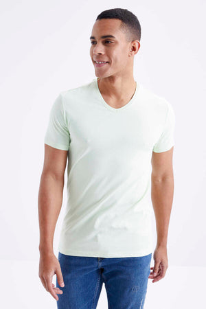 Tricou bărbătesc Tommylife Wholesale cu decolteu în V, croială standard, de bază, 87912, verde deschis