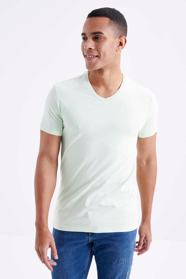 Tricou bărbătesc Tommylife Wholesale cu decolteu în V, croială standard, de bază, 87912, verde deschis