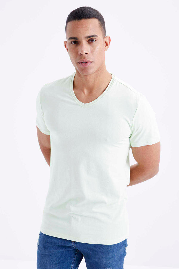 Tommylife Toptan V Yaka Standart Kalıp Basic Erkek T-Shirt 87912 Açık Yeşil