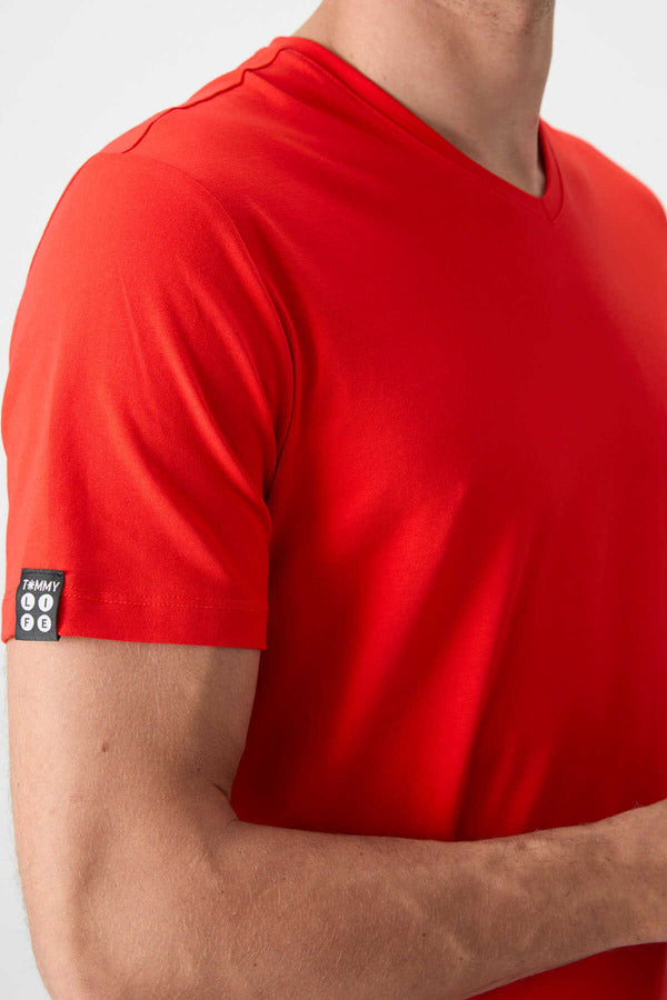 Tommylife Toptan V Yaka Standart Kalıp Basic Erkek T-Shirt 87912 Fiesta