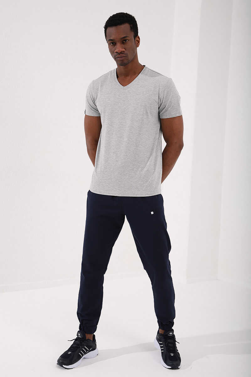 Tommylife Toptan V Yaka Standart Kalıp Basic Erkek T-Shirt 87912 Gri Melanj
