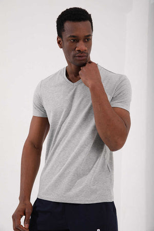 Tommylife Toptan V Yaka Standart Kalıp Basic Erkek T-Shirt 87912 Gri Melanj