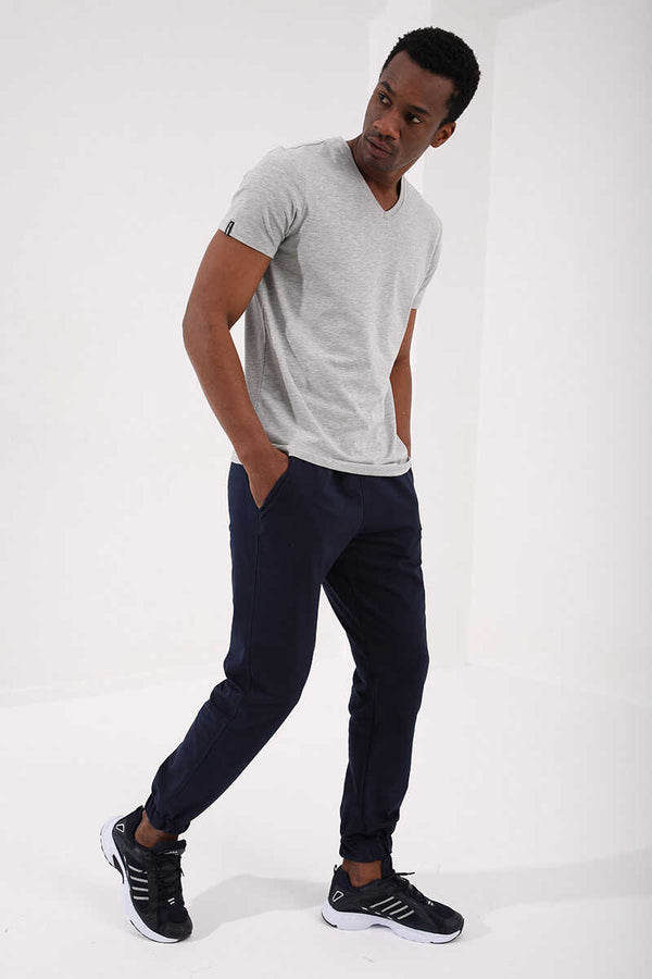 Tommylife Toptan V Yaka Standart Kalıp Basic Erkek T-Shirt 87912 Gri Melanj