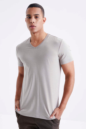Tricou bărbătesc Tommylife Wholesale cu decolteu în V, croială standard, de bază, 87912, bej închis