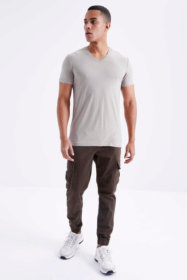 Tricou bărbătesc Tommylife Wholesale cu decolteu în V, croială standard, de bază, 87912, bej închis