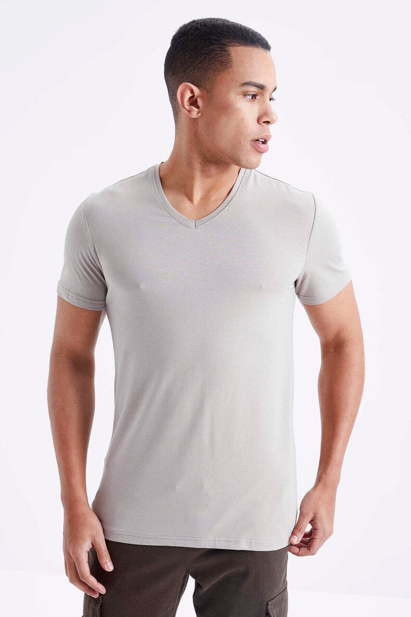 Tommylife Toptan V Yaka Standart Kalıp Basic Erkek T-Shirt 87912 Koyu Bej