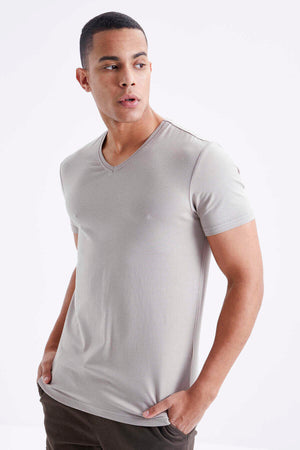 Tommylife Toptan V Yaka Standart Kalıp Basic Erkek T-Shirt 87912 Koyu Bej