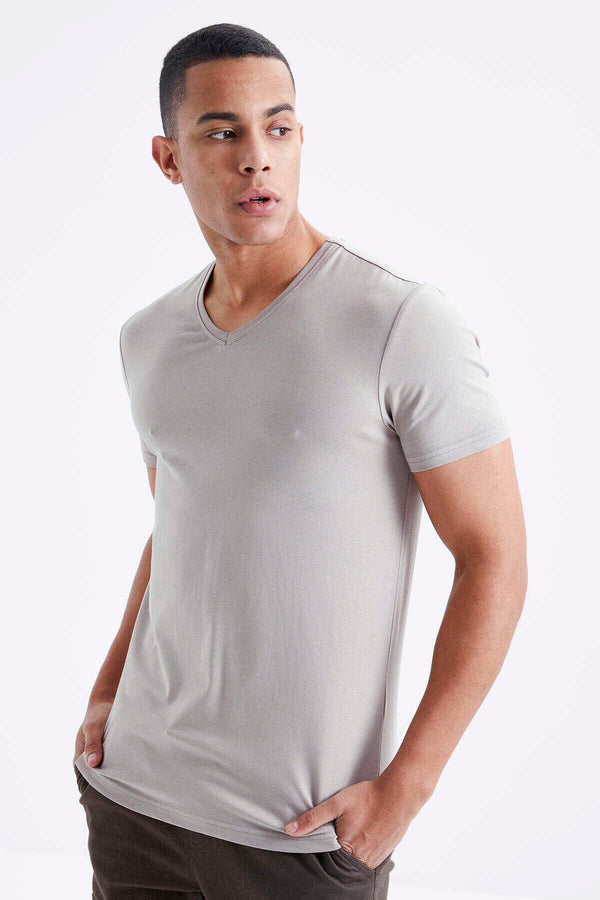 Tricou bărbătesc Tommylife Wholesale cu decolteu în V, croială standard, de bază, 87912, bej închis
