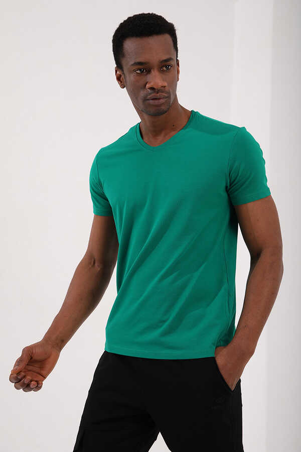 Tommylife Toptan V Yaka Standart Kalıp Basic Erkek T-Shirt 87912 Koyu Yeşil