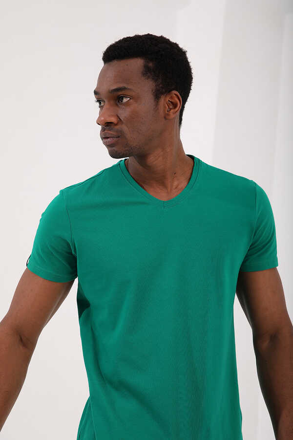 Tommylife Toptan V Yaka Standart Kalıp Basic Erkek T-Shirt 87912 Koyu Yeşil