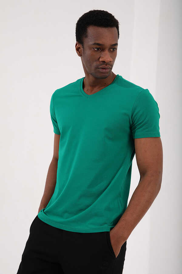 Tommylife Toptan V Yaka Standart Kalıp Basic Erkek T-Shirt 87912 Koyu Yeşil