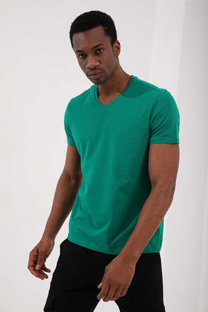 Tommylife Toptan V Yaka Standart Kalıp Basic Erkek T-Shirt 87912 Koyu Yeşil