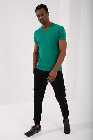 Tommylife Toptan V Yaka Standart Kalıp Basic Erkek T-Shirt 87912 Koyu Yeşil